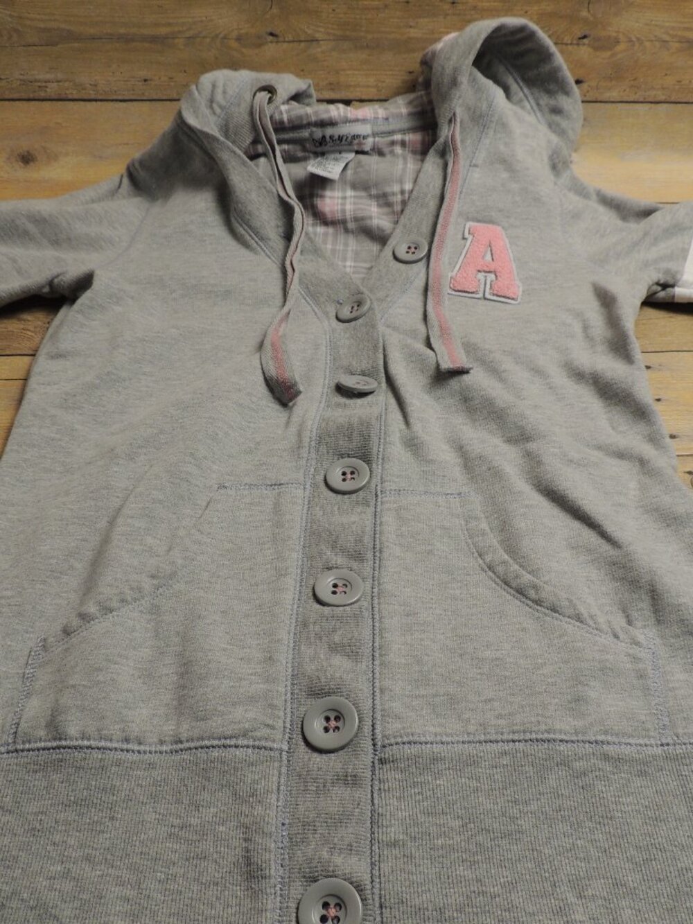 VTG Y2K Self Esteem Hooded Cardigan Grey with Pink Plaid
